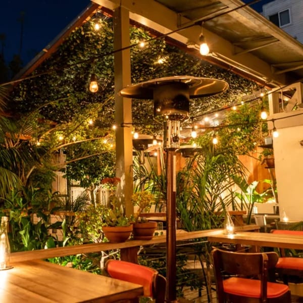 Fable's outdoor patio at night, with string lights, lush greenery, and a patio heater.